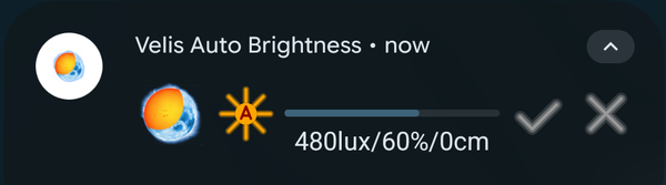 The notification after a tap on its brightness bar, with the confirm and cancel buttons